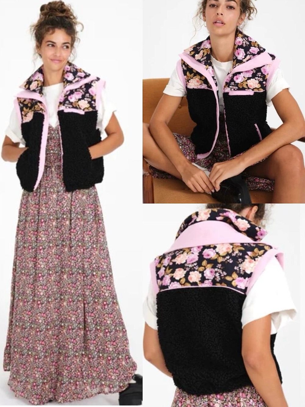 Love & Lemons Faux Shearling Floral Puffer Vest
